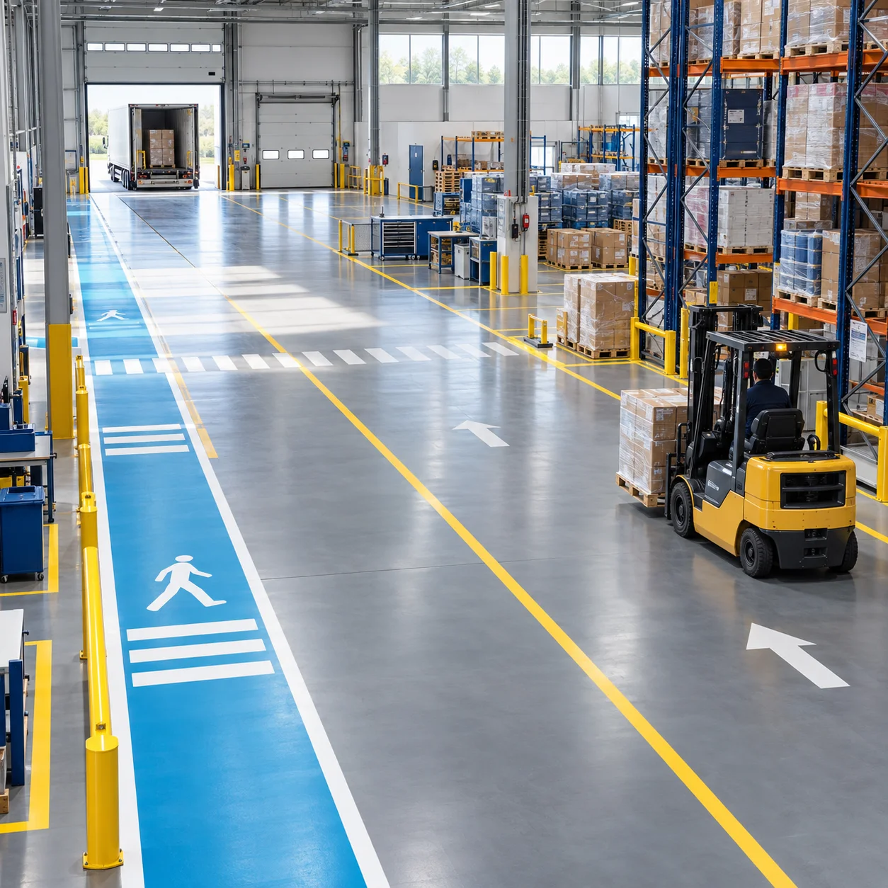 Sol d’entrepôt en résine époxy avec cheminement piéton bleu, voies de circulation et zones de stockage délimitées.