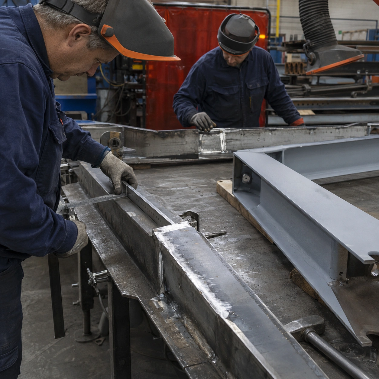 Techniciens-Indus-Groupe-mesurant-et-reparant-une-structure-metallique-en-atelier
