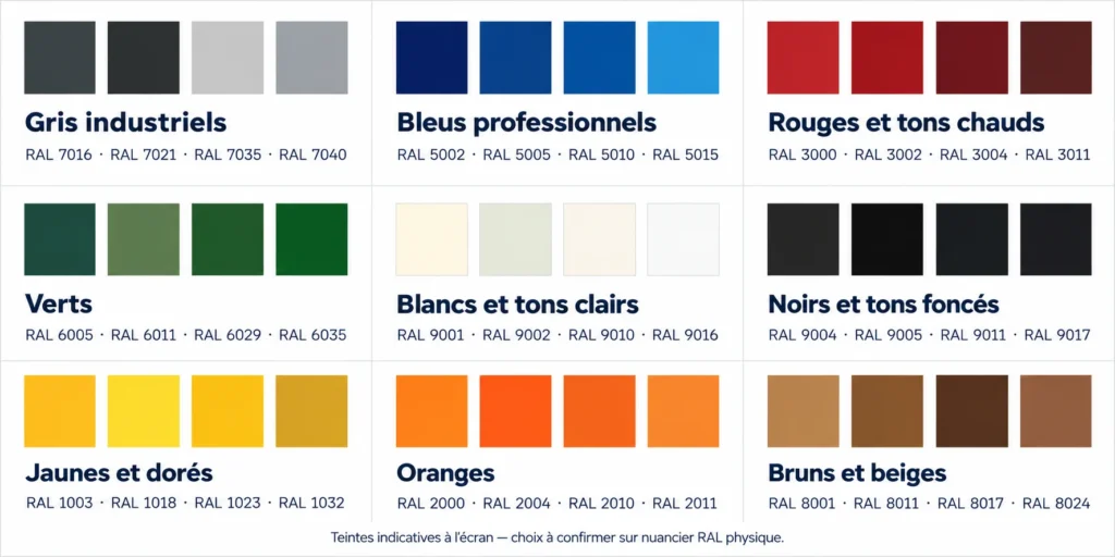 Nuancier de couleurs pour bardages métalliques gris, bleus, rouges, verts, blancs, noirs, jaunes, oranges et bruns avec références RAL.
